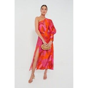 Tuckernuck Farm Rio Dewdrop Floral Red One Shoulder Midi Dress Size S Side Slit
